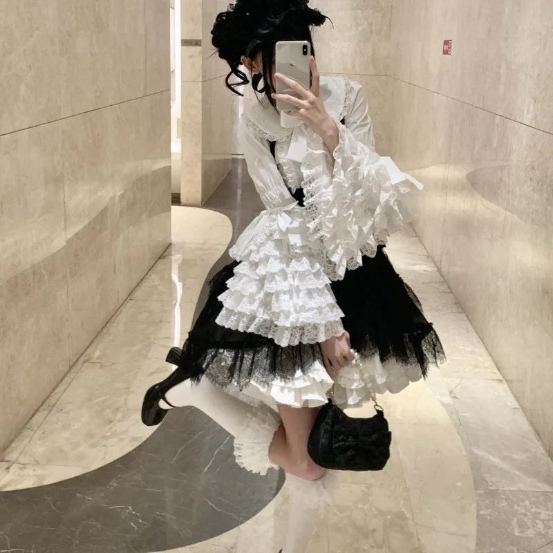 Lolita Blouse Women Y2k Gothic Peter Pan Collar Lace Bow Ruffles Tops Oversized Flare Sve Sweet Shirts JSK White Blouses