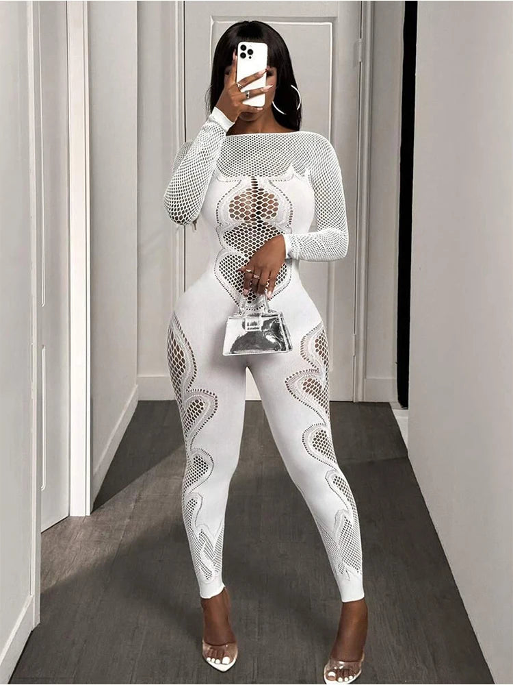 Women's Mesh Long Sleeve Cut-Out Fitted Jumpsuit