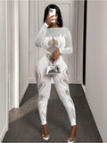 Women's Mesh Long Sleeve Cut-Out Fitted Jumpsuit