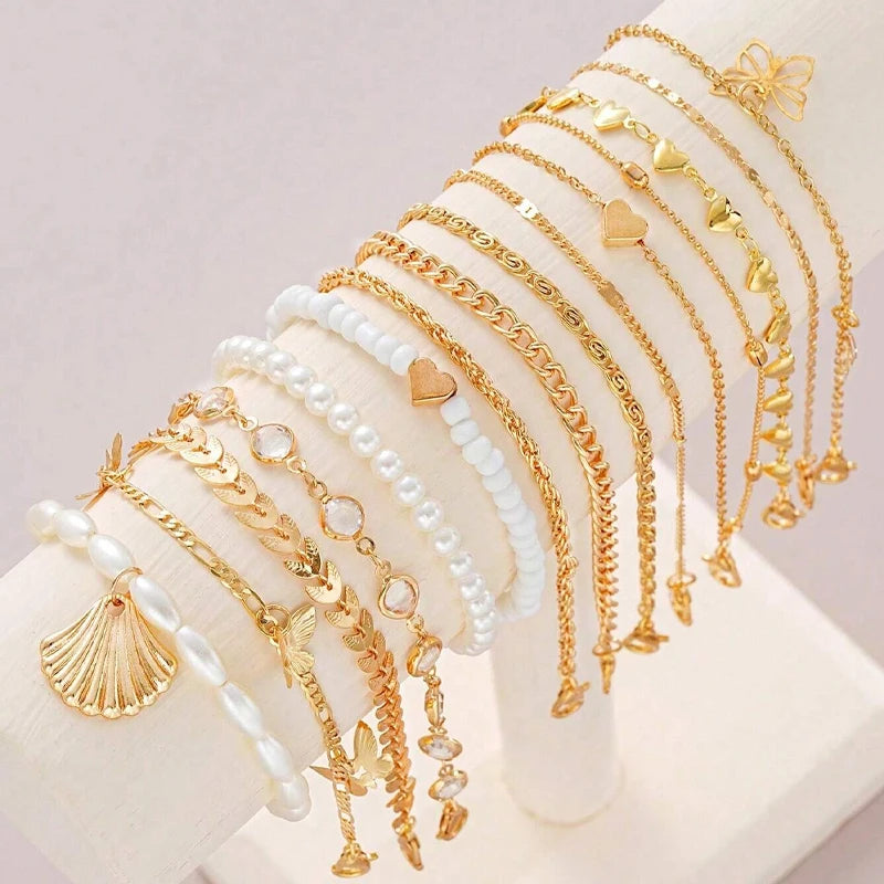 13-Piece Bohemian Anklet Set | Heart, Butterfly & Turquoise Beach Jewelry