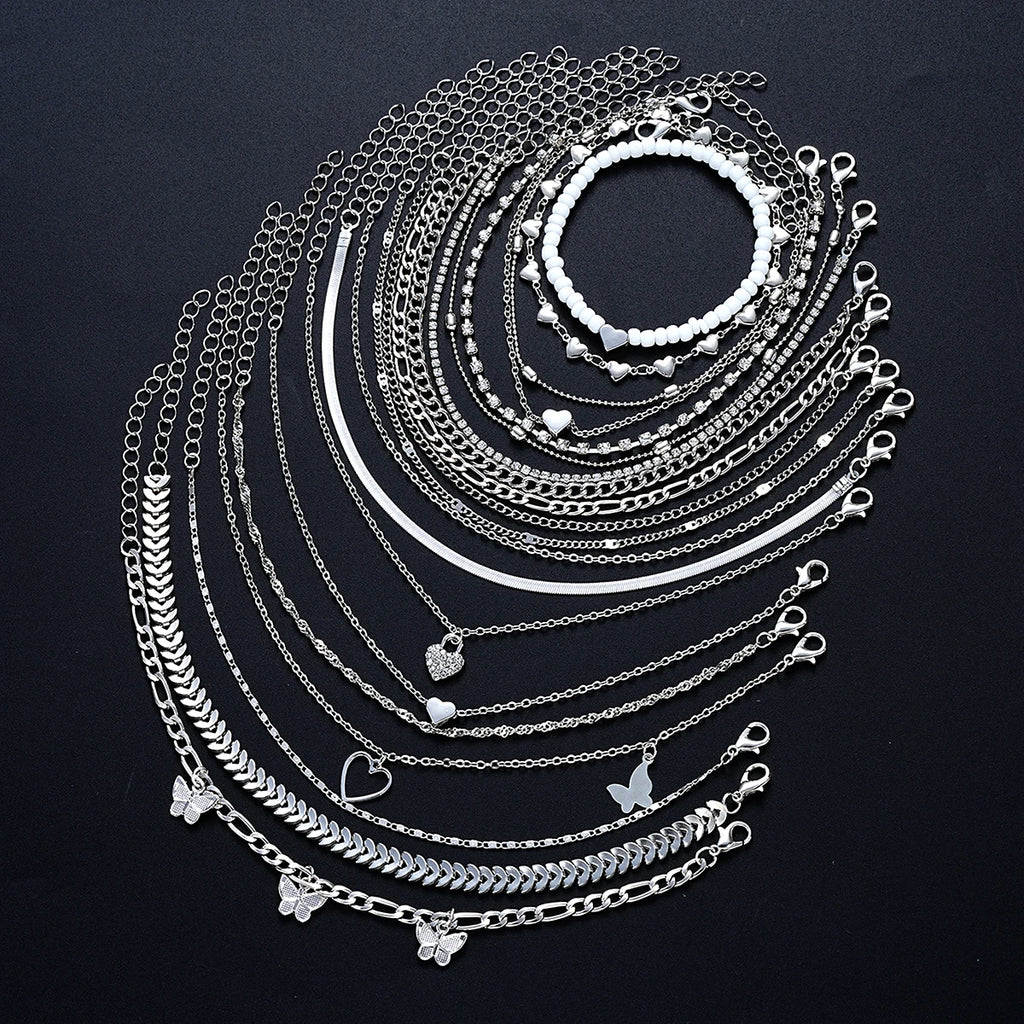 19-Piece Anklet Set | Pearl, Butterfly & Crystal Foot Chain Collection