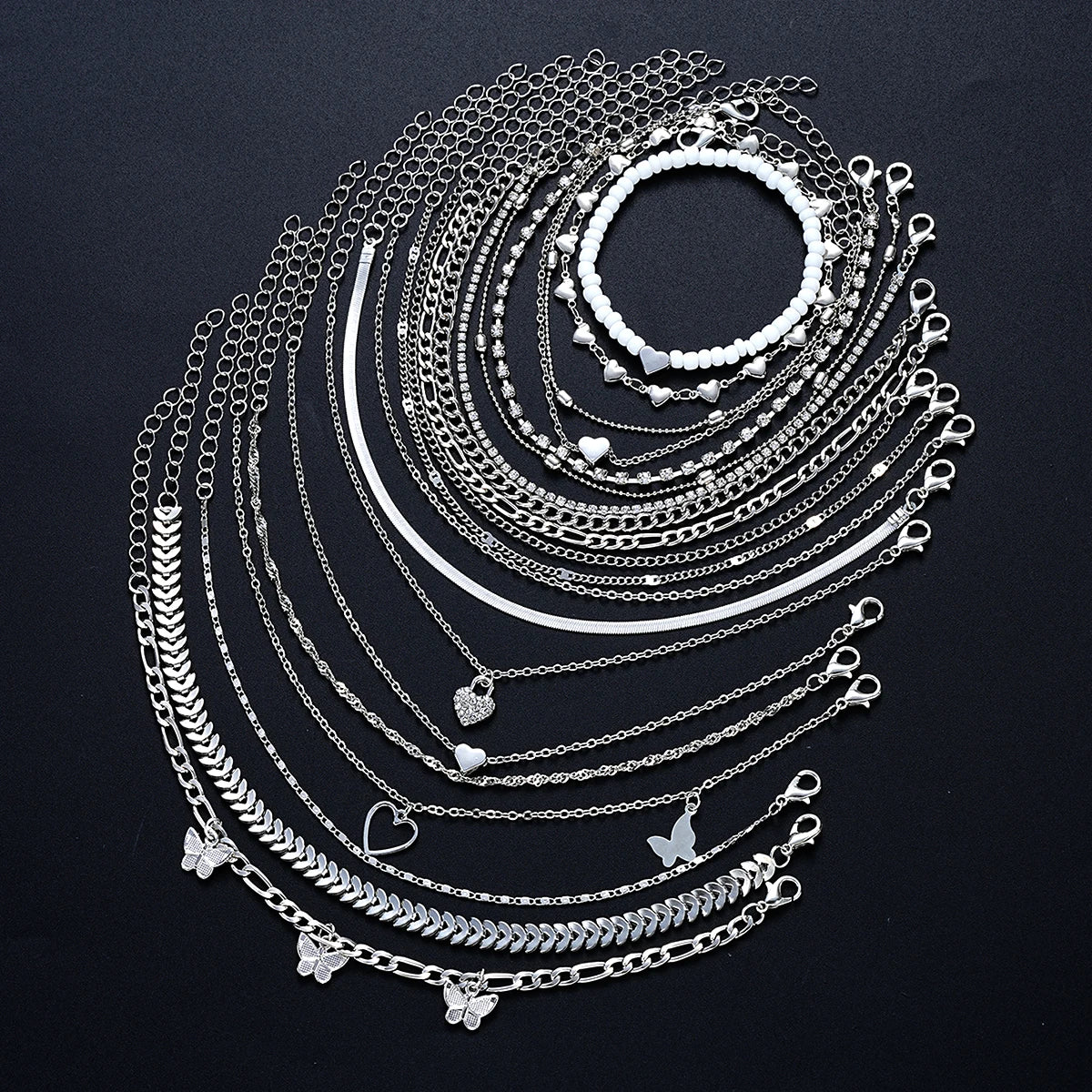19-Piece Anklet Set | Pearl, Butterfly & Crystal Foot Chain Collection