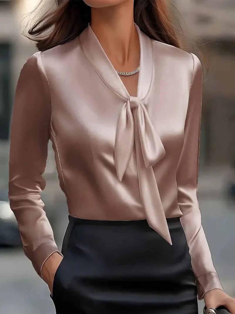 Elegant Solid Color Lace-up Blouse | Satin Long Sleeve Shirt for Women