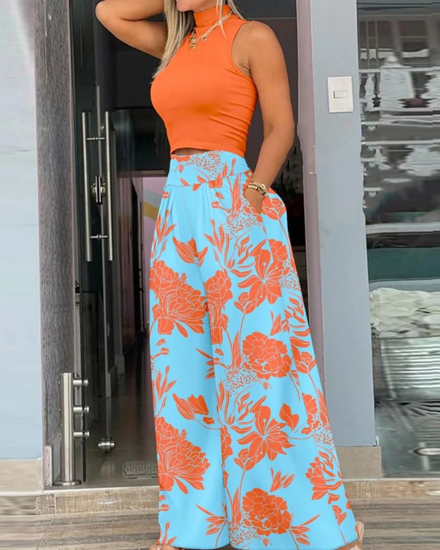 Women Print Two - piece Set, Smooth Sleeveless T-shirt, Wide Leg Pants, - Nitamoje