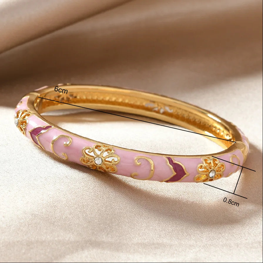 Ethnic Enamel Flower Cuff Bracelet | Gold Tone Stainless Steel Bangle for Women