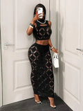 2PCS Plus Size Black Mesh Hollow Out Crop Tank & Bodycon Mini Skirt Set - Nitamoje