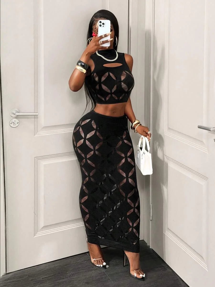 2PCS Plus Size Black Mesh Hollow Out Crop Tank & Bodycon Mini Skirt Set - Nitamoje