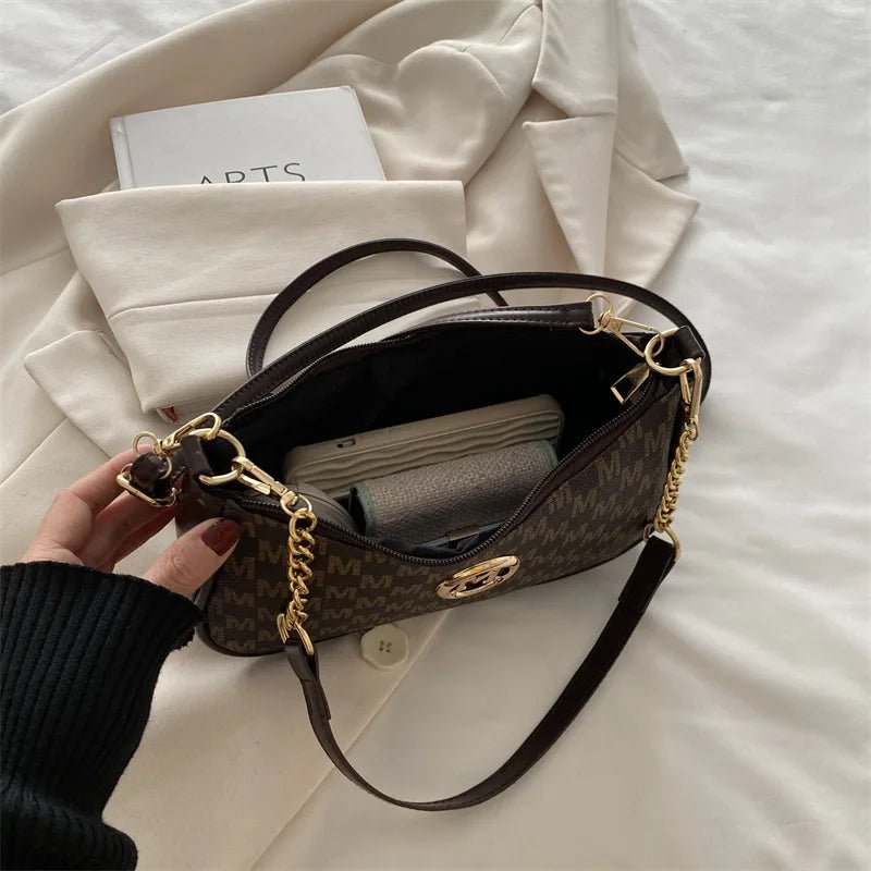 Vintage Style Handbag Crossbody Bag, Gold Letter 'M' Design Pu Leather Shoulder Messenger Bag, Synthetic Leather Tote Bag, Purse - Nitamoje