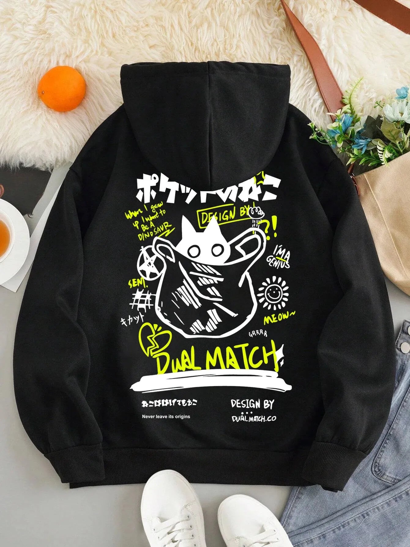 Japan Style Black Cat Hoodie Men Women Outdoor Street Casual Fashion Sport Cartoon Longsve Adult Autumn Winter Sweatshirt Top