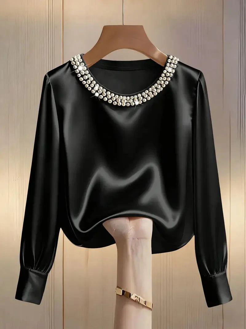 Pearl O-Neck Satin Boho Blouse