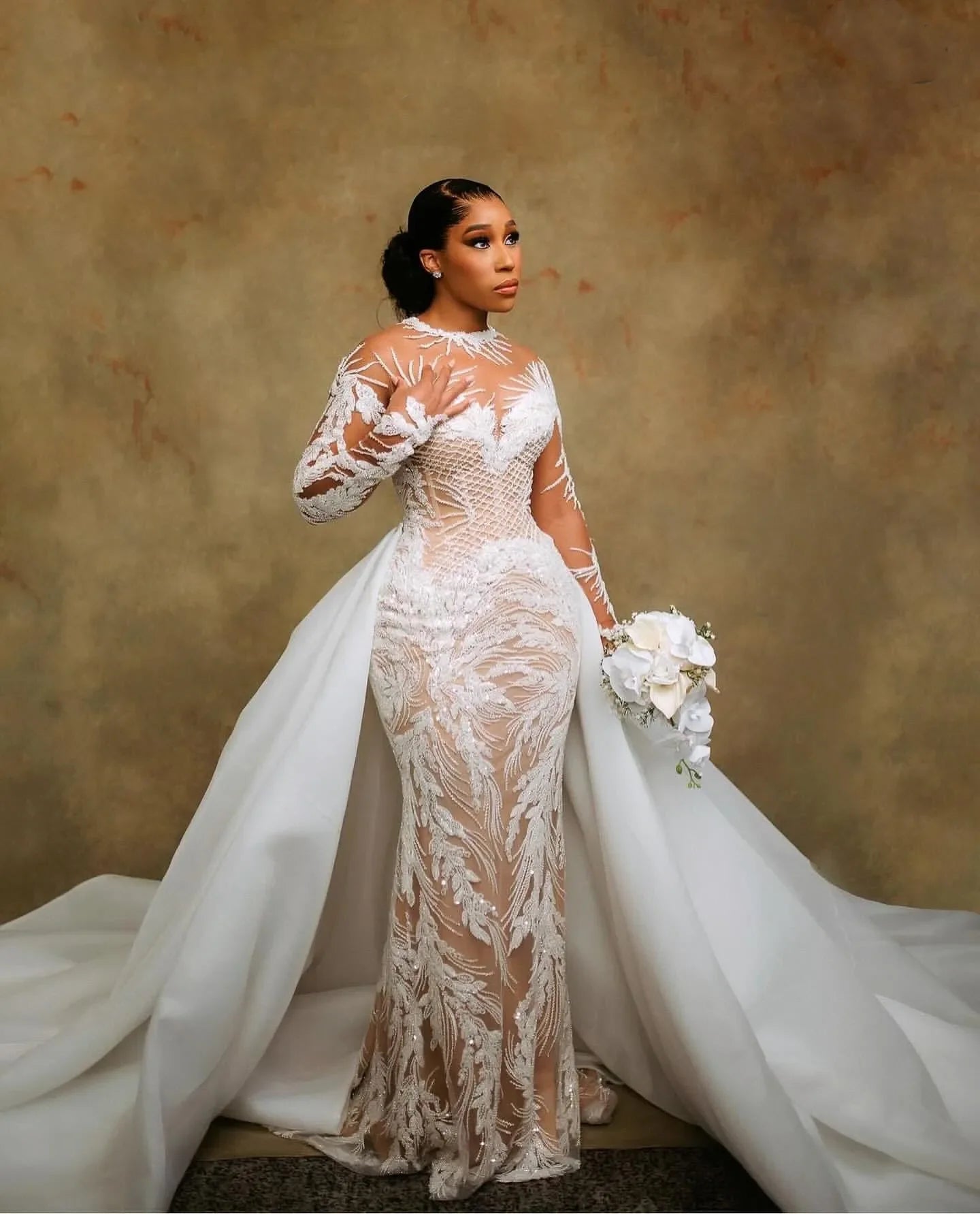 Plus Size Illusion Mermaid Wedding Dress | Beaded Sequined Lace Bridal Gown