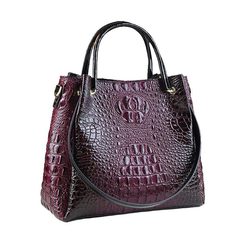 Genuine Leather Crocodile Print Bucket Bag