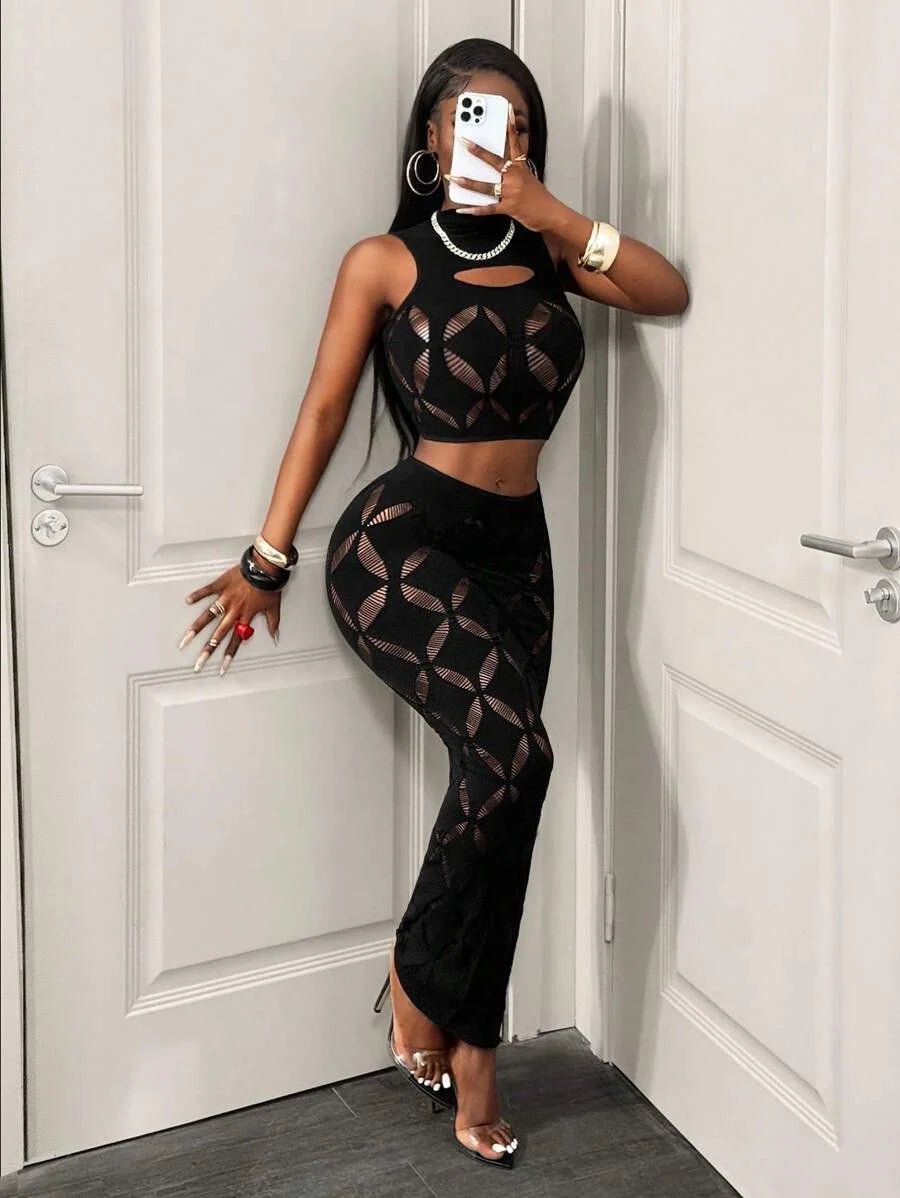 2PCS Plus Size Black Mesh Hollow Out Crop Tank & Bodycon Mini Skirt Set - Nitamoje