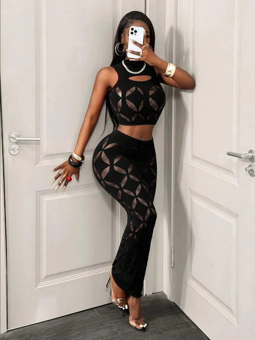 2PCS Plus Size Black Mesh Hollow Out Crop Tank & Bodycon Mini Skirt Set - Nitamoje