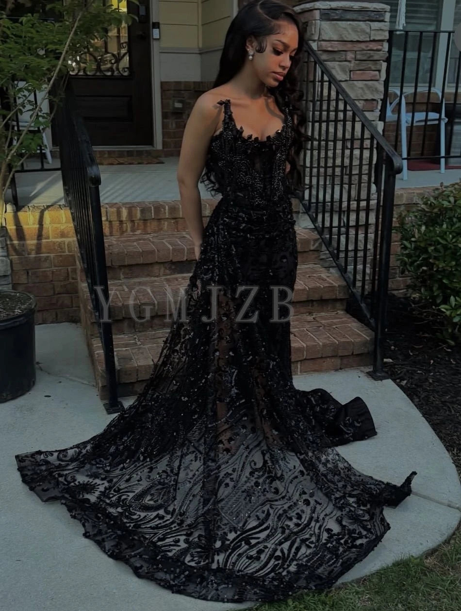 Black Rhinestone Mermaid Corset Gown