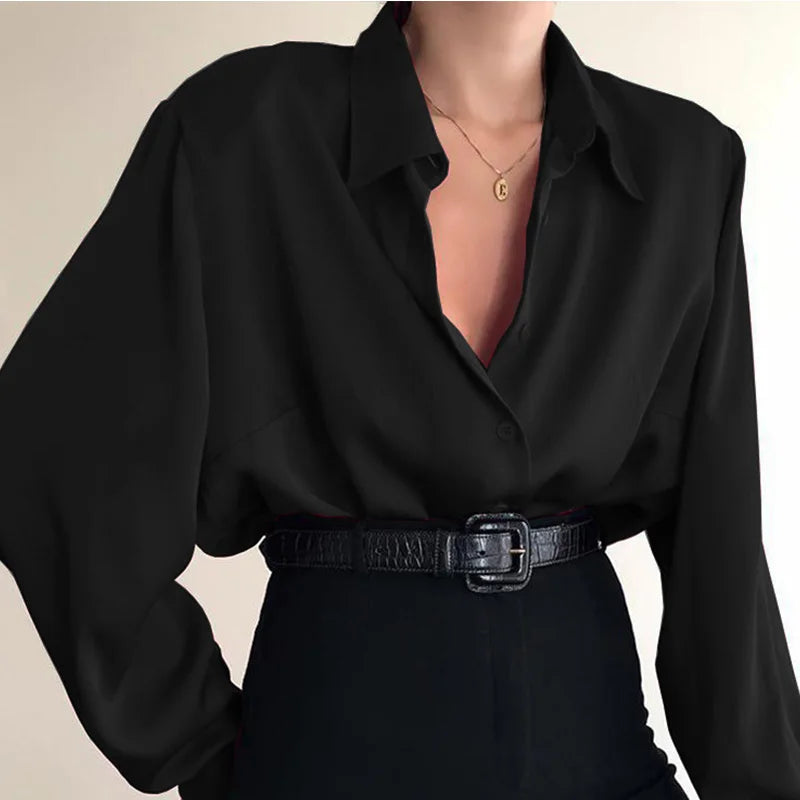 Women Button Blouses Turn Down Collar Shirts Office Lady Long Sve Casual Blouse Loose OL Shirt Baggy Tops Red/Wine Red /Black