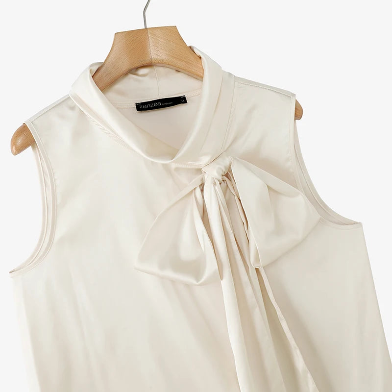 Elegant Bow Tie Blouse | Satin Sleeveless Solid Color Half High Collar Casual Fashion Shirt