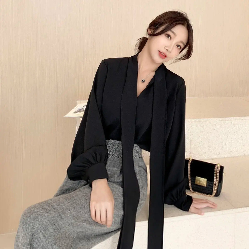 V-Neck Lace-Up Korean Office Blouse
