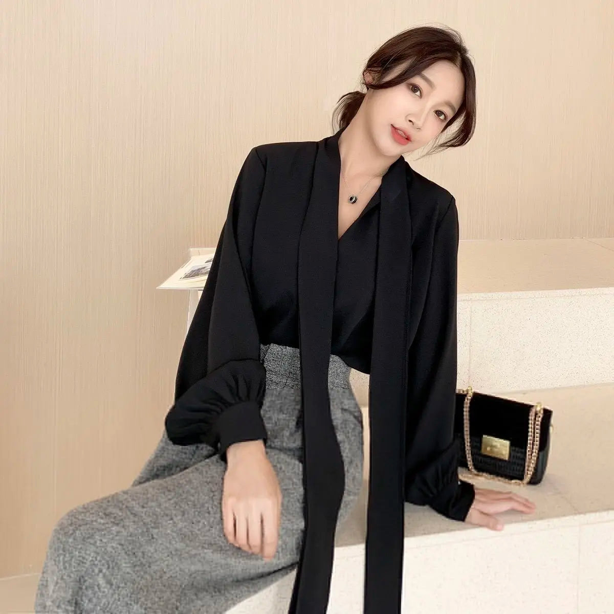 V-Neck Lace-Up Korean Office Blouse