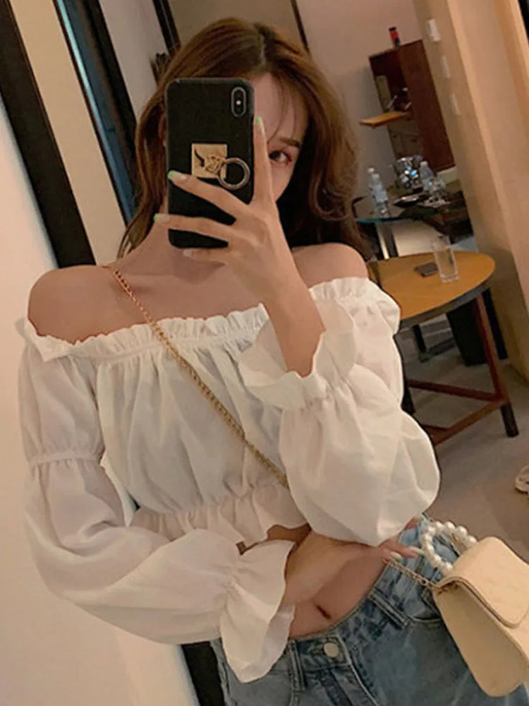Off Shoulder Puff Sve Ruffle Crop Top