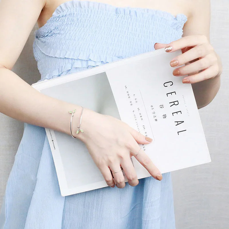 Silver-Tone Opal Leaf & Branch Cuff Bangle | Nature-Inspired Bracelet for Women