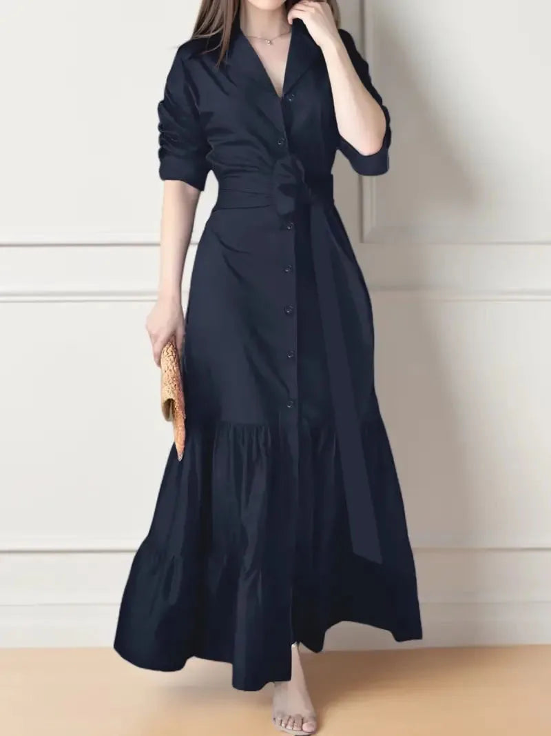 Women's Shirt Dress Suit Collar Fashion Button Belt Bow High Waist flattering and Elegant Office Skirt