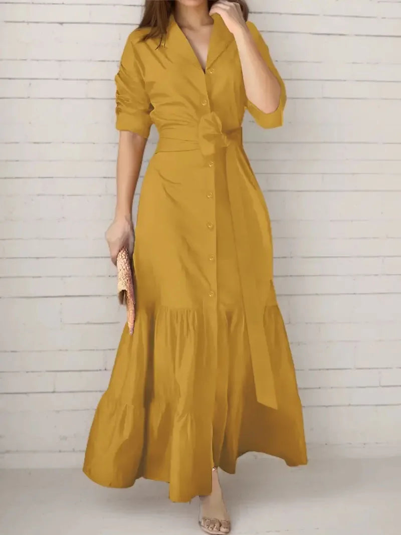 Women's Shirt Dress Suit Collar Fashion Button Belt Bow High Waist flattering and Elegant Office Skirt