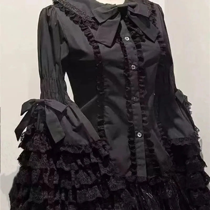Lolita Blouse Women Y2k Gothic Peter Pan Collar Lace Bow Ruffles Tops Oversized Flare Sve Sweet Shirts JSK White Blouses